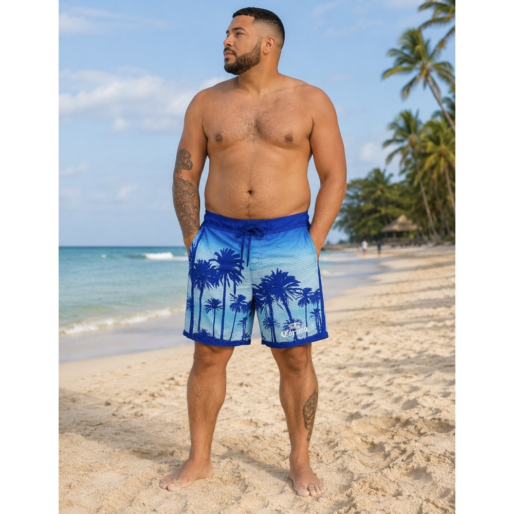 Corona Extra Mens Blue Palm Tree Board Shorts Swim Trunks‎ Mesh Lining Large